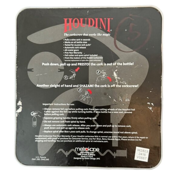 Houdini Lever Corkscrew Wine Opener Set With Foil Cutter & Spare Spiral In Black - Picture 2 of 6